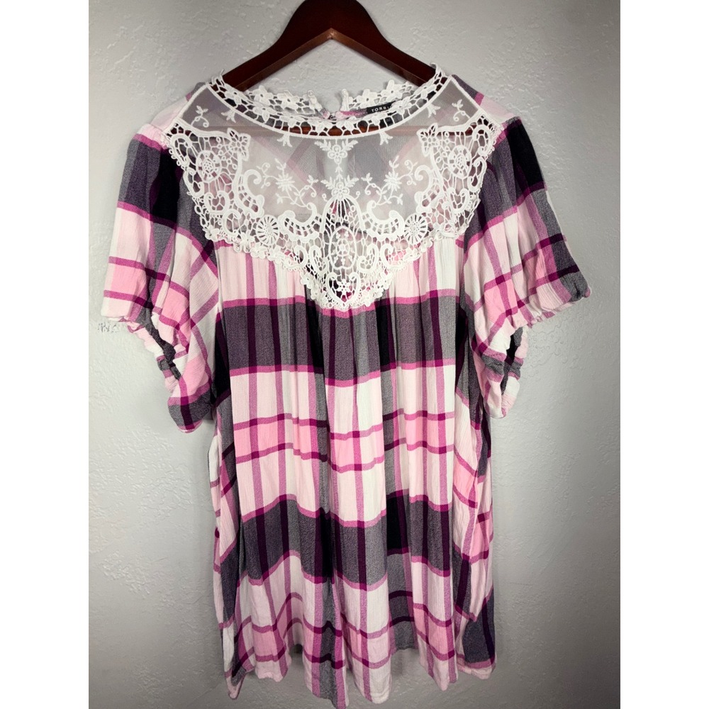 Torrid Pink Purple Plaid Lace Yoke Blouse Short Sleeve Plus Size 3 3X Rayon